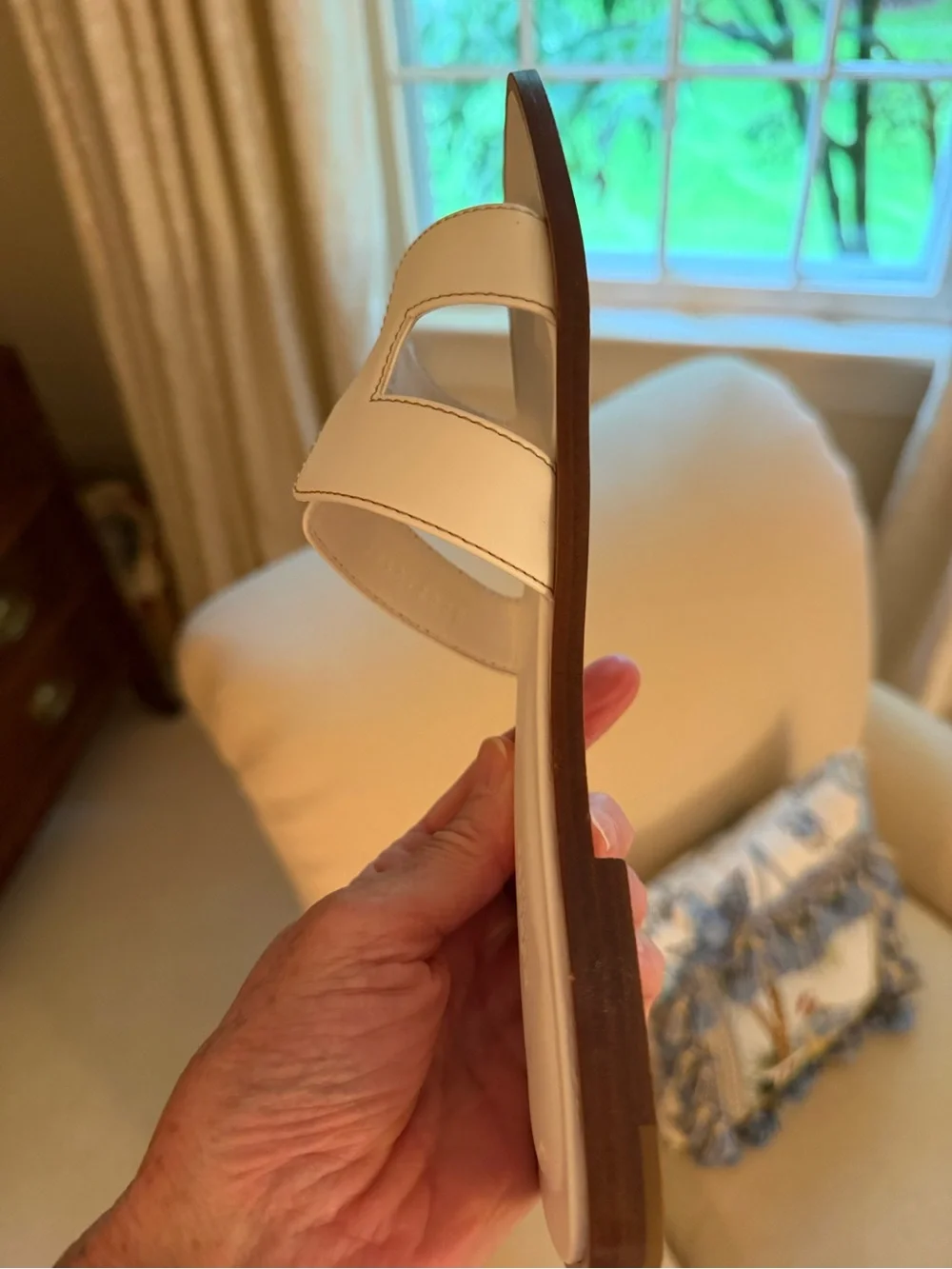 Hermes White Leather Oran Slide Sandals with Brown Trim